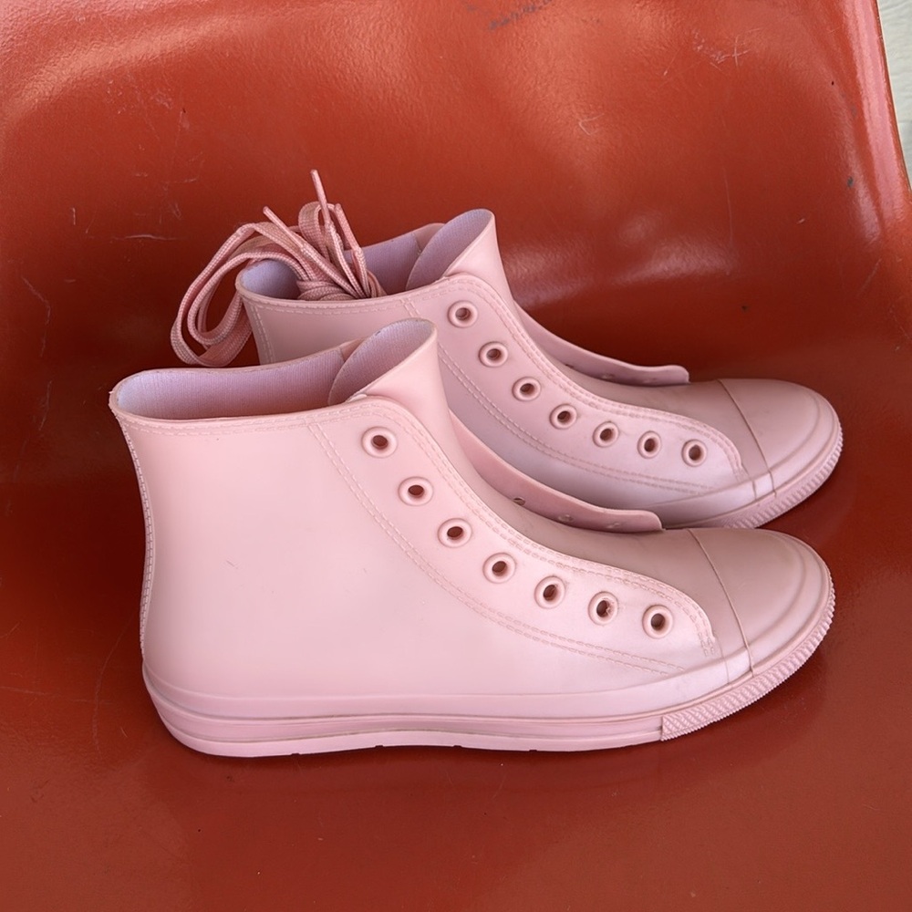 Pink rain boots lace up rubber boots